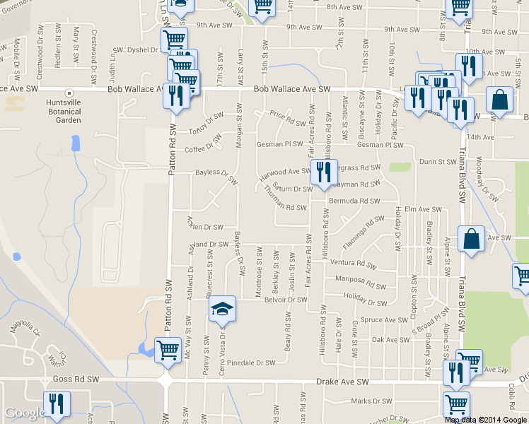 map of restaurants, bars, coffee shops, grocery stores, and more near 3101 Thurman Road Southwest in Huntsville