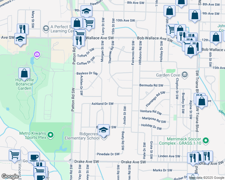map of restaurants, bars, coffee shops, grocery stores, and more near 3907 Harwood Avenue Southwest in Huntsville
