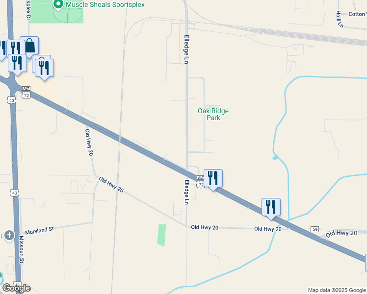 map of restaurants, bars, coffee shops, grocery stores, and more near 5040 Elledge Lane in Tuscumbia