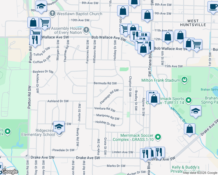 map of restaurants, bars, coffee shops, grocery stores, and more near 3521 Bermuda Road Southwest in Huntsville