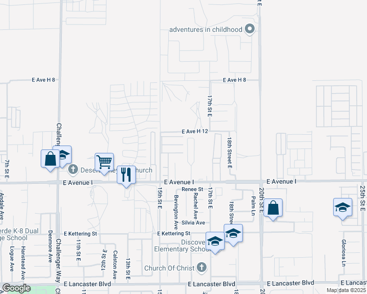 map of restaurants, bars, coffee shops, grocery stores, and more near 1501 East Avenue H10 in Lancaster