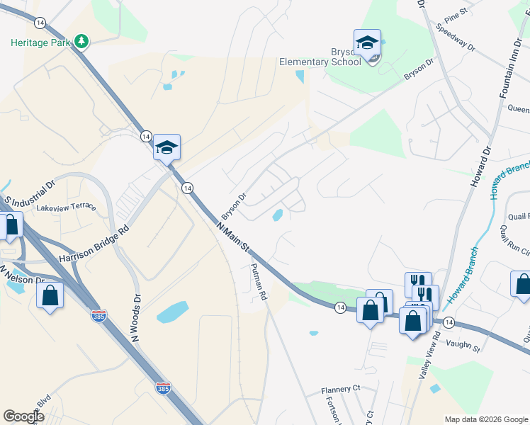 map of restaurants, bars, coffee shops, grocery stores, and more near Oak Drive in Fountain Inn