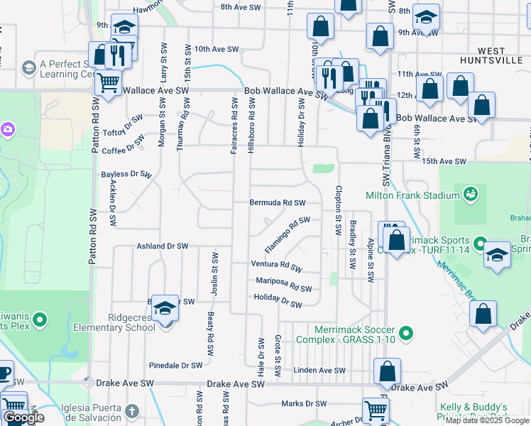map of restaurants, bars, coffee shops, grocery stores, and more near 2908 Azalea Circle Southwest in Huntsville