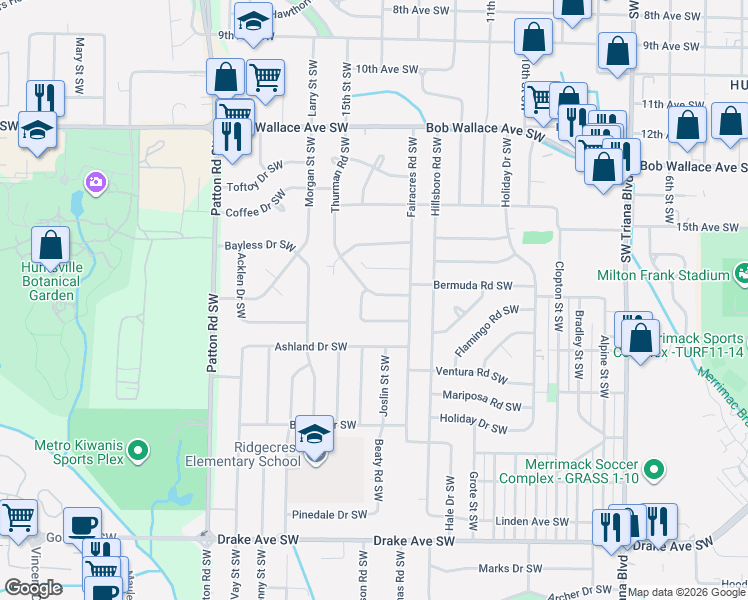 map of restaurants, bars, coffee shops, grocery stores, and more near 3012 Thurman Road Southwest in Huntsville