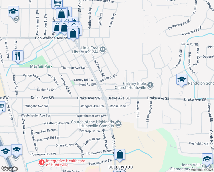 map of restaurants, bars, coffee shops, grocery stores, and more near 44 Northampton Drive Southeast in Huntsville