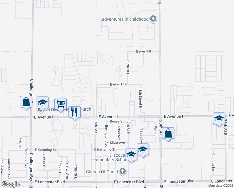 map of restaurants, bars, coffee shops, grocery stores, and more near 1617 East Avenue I in Lancaster