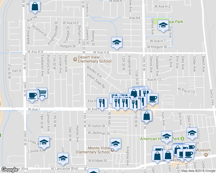 map of restaurants, bars, coffee shops, grocery stores, and more near 45331 13th Street West in Lancaster