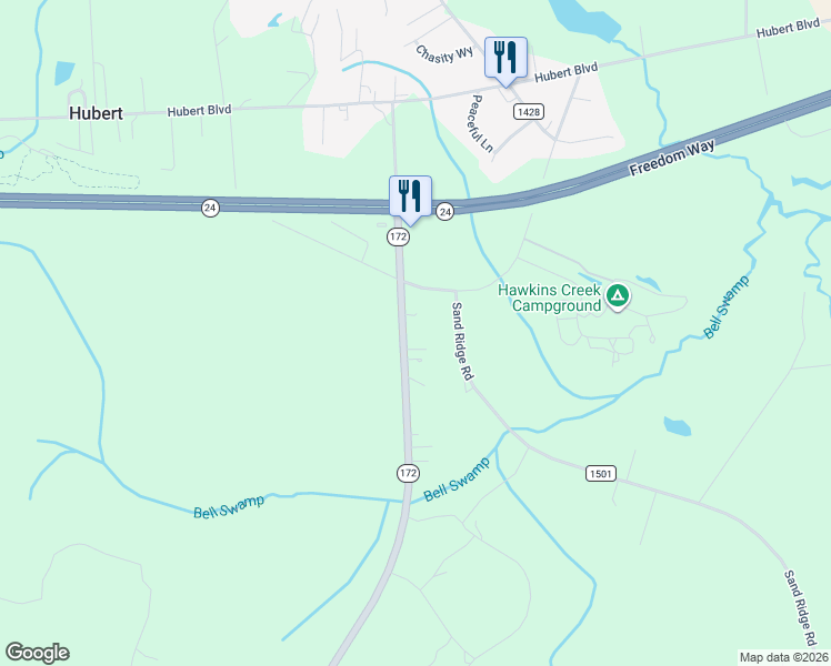 map of restaurants, bars, coffee shops, grocery stores, and more near 151 North Carolina 172 in Hubert