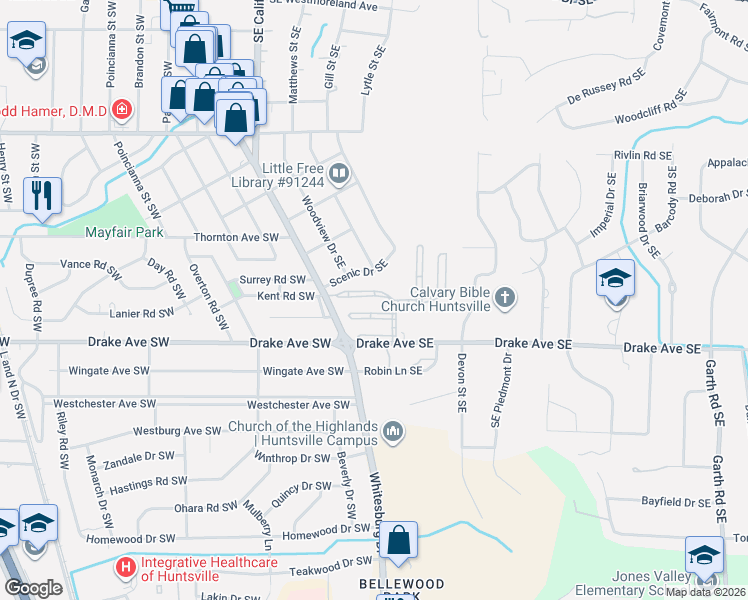 map of restaurants, bars, coffee shops, grocery stores, and more near 10 Northampton Drive Southeast in Huntsville