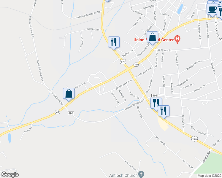 map of restaurants, bars, coffee shops, grocery stores, and more near 402 West Hillcrest Avenue in Union