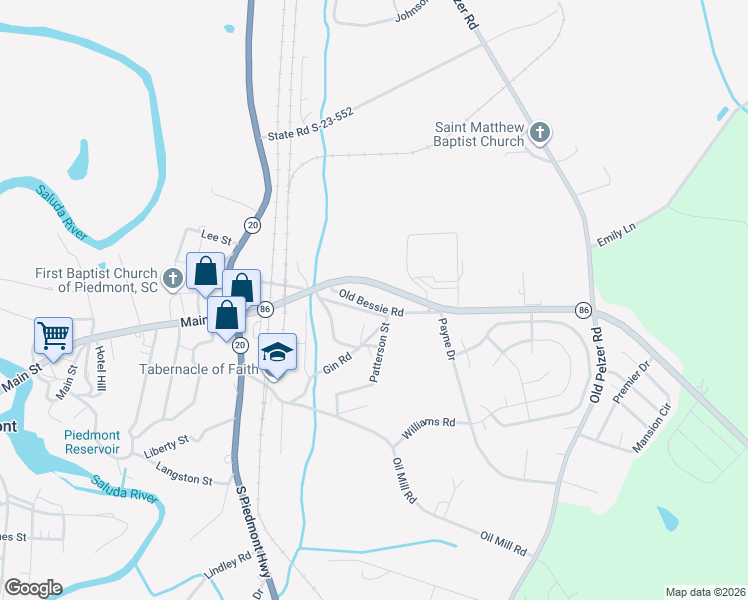 map of restaurants, bars, coffee shops, grocery stores, and more near 1121 Old Bessie Road in Piedmont