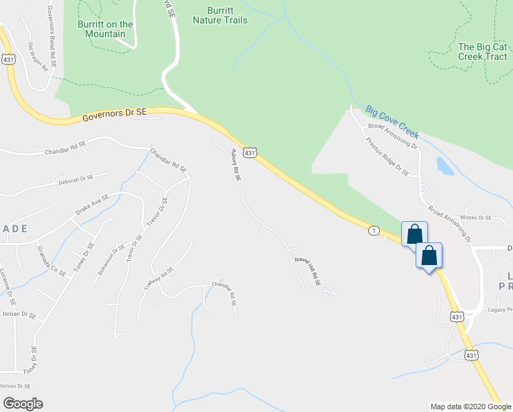 map of restaurants, bars, coffee shops, grocery stores, and more near 11 Asbury Road Southeast in Huntsville