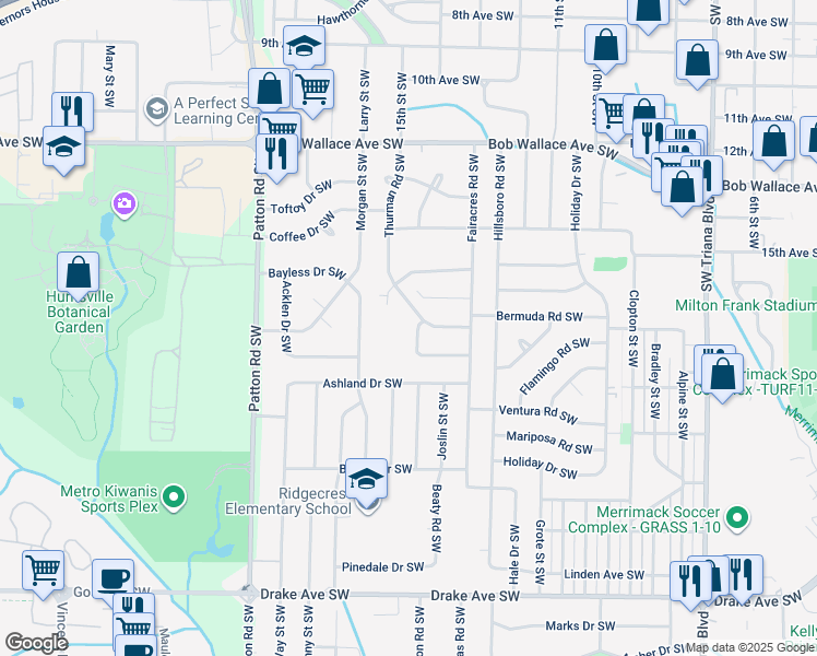 map of restaurants, bars, coffee shops, grocery stores, and more near 3101 Thurman Road Southwest in Huntsville