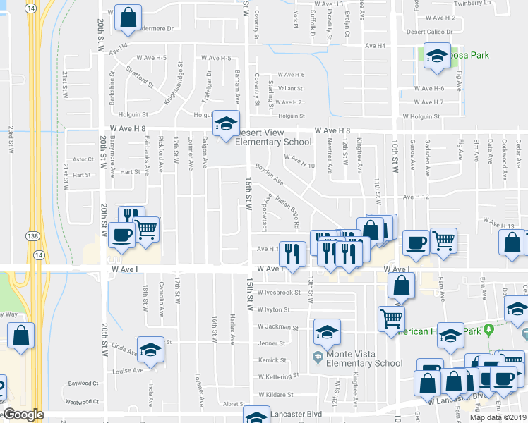map of restaurants, bars, coffee shops, grocery stores, and more near West Avenue H 13 in Lancaster