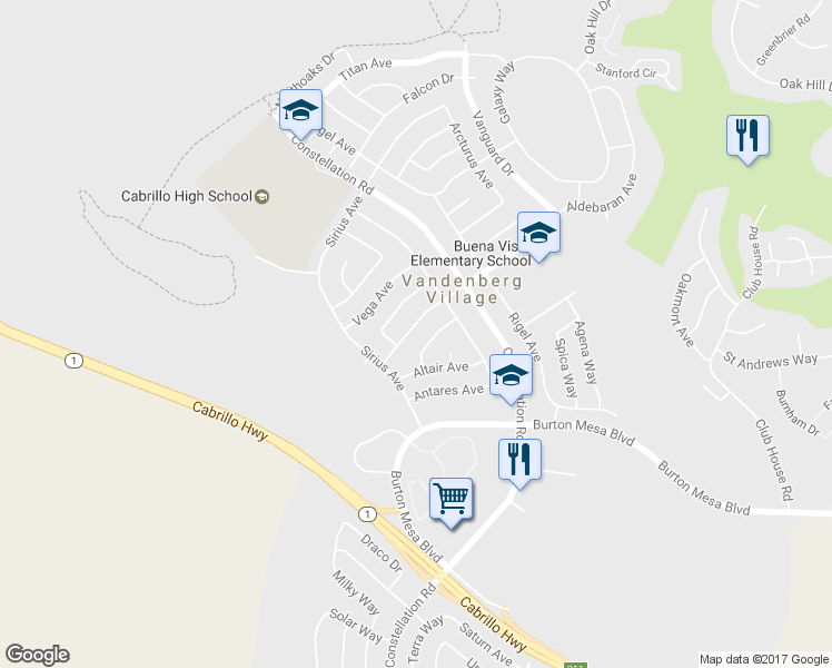 map of restaurants, bars, coffee shops, grocery stores, and more near 260 Aldebaran Avenue in Lompoc
