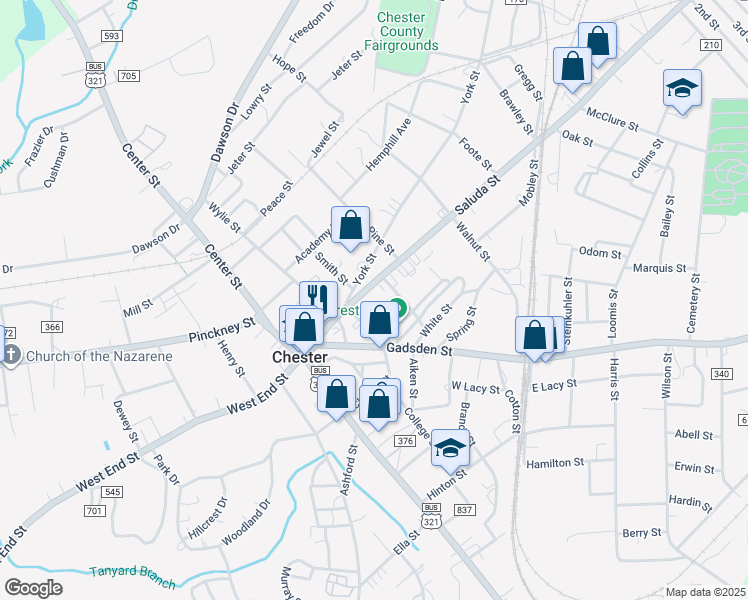 map of restaurants, bars, coffee shops, grocery stores, and more near 107 Saluda St in Chester