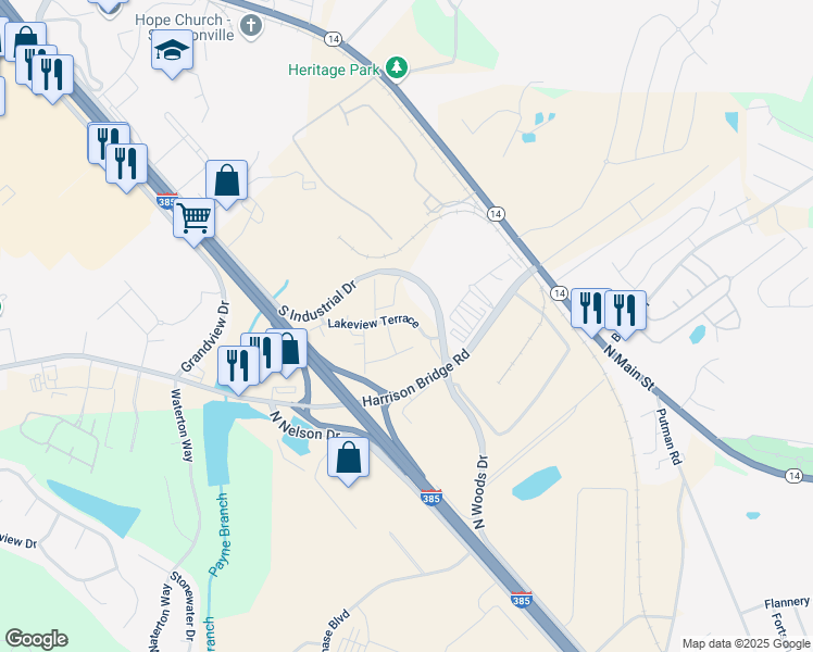map of restaurants, bars, coffee shops, grocery stores, and more near 107 Lakeview Terrace in Simpsonville