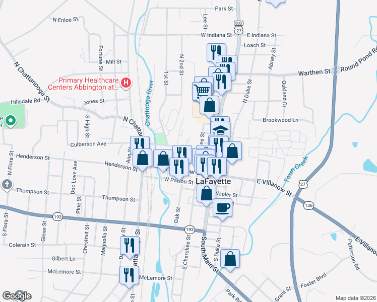 map of restaurants, bars, coffee shops, grocery stores, and more near 207 Culberson Avenue in LaFayette