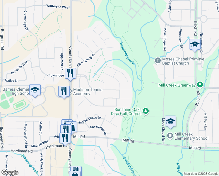 map of restaurants, bars, coffee shops, grocery stores, and more near 125 High Coach Way in Madison
