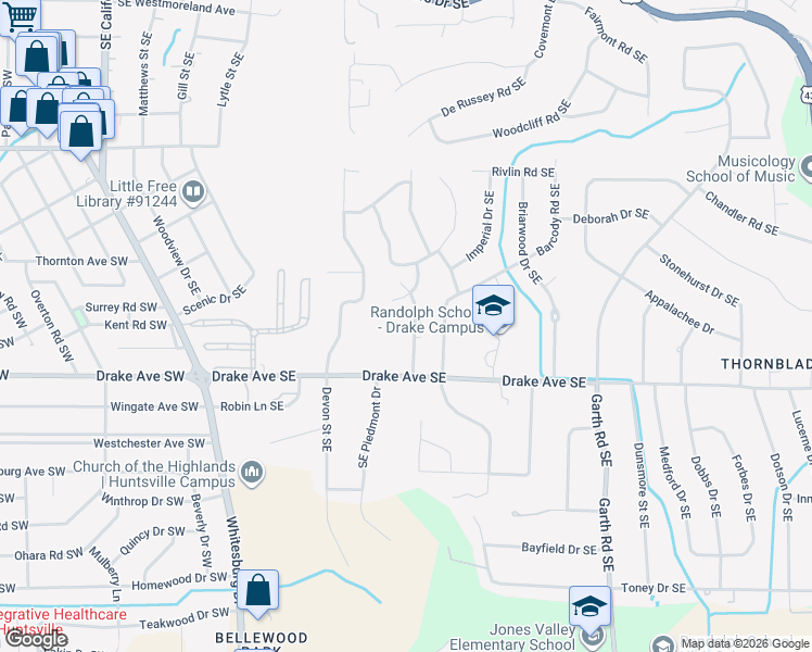 map of restaurants, bars, coffee shops, grocery stores, and more near 2902 Gallalee Road Southeast in Huntsville