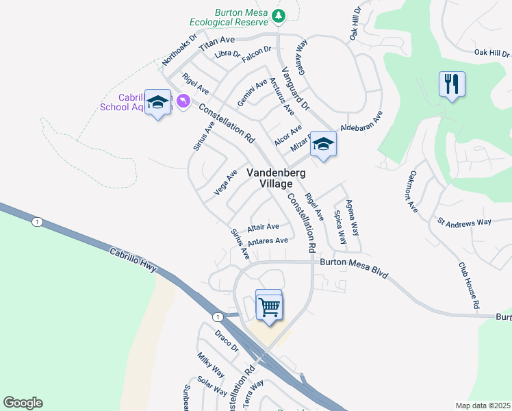 map of restaurants, bars, coffee shops, grocery stores, and more near 260 Aldebaran Avenue in Lompoc