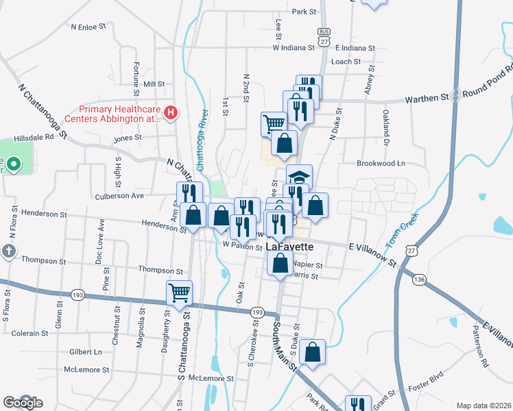 map of restaurants, bars, coffee shops, grocery stores, and more near 207 Culberson Avenue in LaFayette