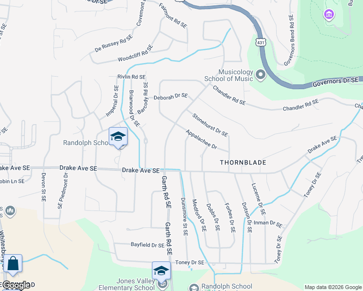 map of restaurants, bars, coffee shops, grocery stores, and more near 2904 Drexel Drive Southeast in Huntsville
