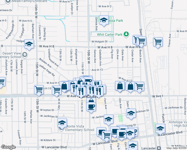 map of restaurants, bars, coffee shops, grocery stores, and more near 45345 Genoa Avenue in Lancaster