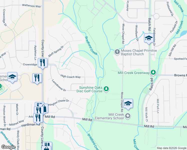 map of restaurants, bars, coffee shops, grocery stores, and more near 139 High Coach Way in Madison