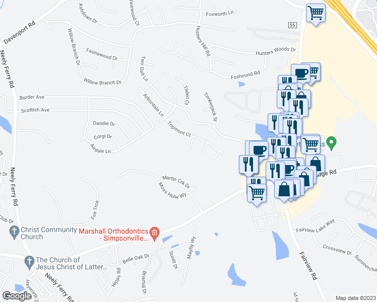 map of restaurants, bars, coffee shops, grocery stores, and more near 12 Martins Hollow Lane in Simpsonville