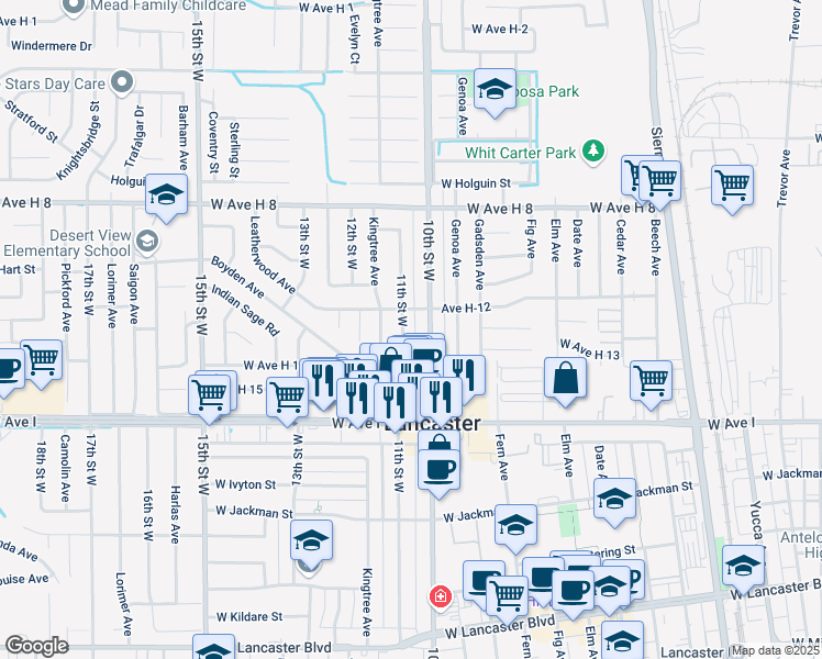 map of restaurants, bars, coffee shops, grocery stores, and more near 45344 11th Street West in Lancaster
