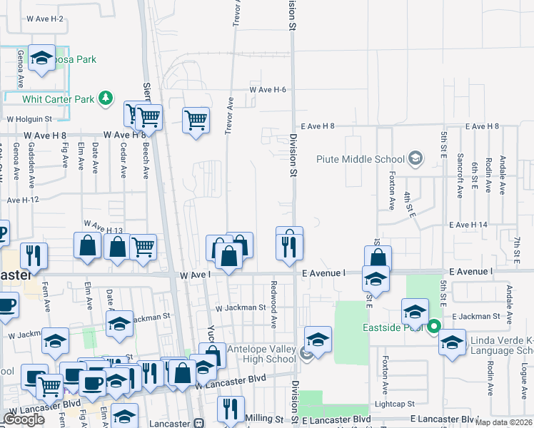 map of restaurants, bars, coffee shops, grocery stores, and more near 45311 Division Street in Lancaster