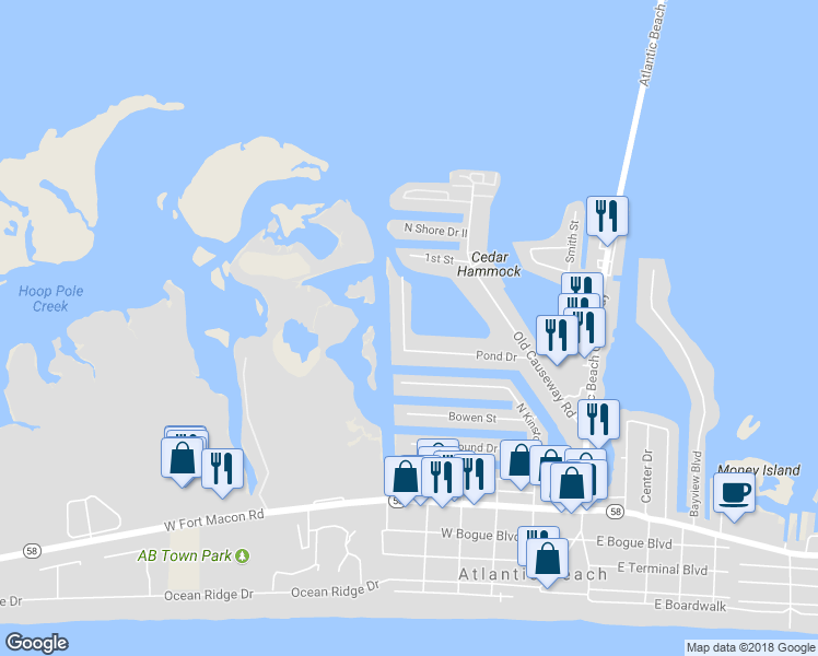 map of restaurants, bars, coffee shops, grocery stores, and more near 206 Pond Drive in Atlantic Beach