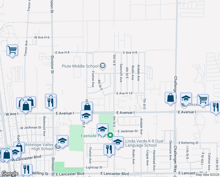 map of restaurants, bars, coffee shops, grocery stores, and more near 45354 Raysack Avenue in Lancaster