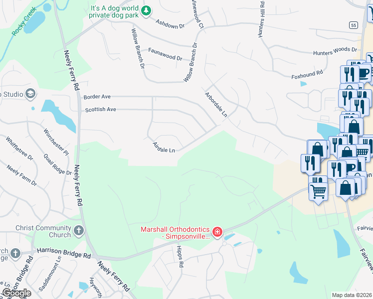 map of restaurants, bars, coffee shops, grocery stores, and more near 421 Airdale Lane in Simpsonville