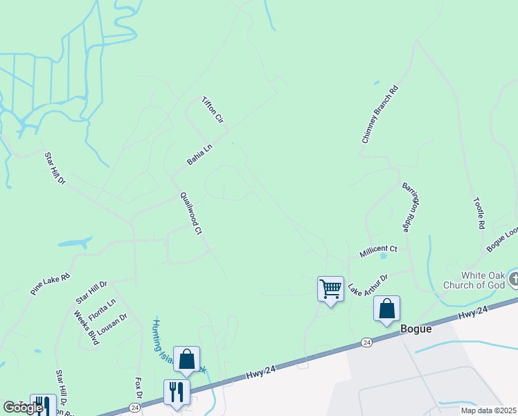 map of restaurants, bars, coffee shops, grocery stores, and more near 202 Covey Court in Cape Carteret
