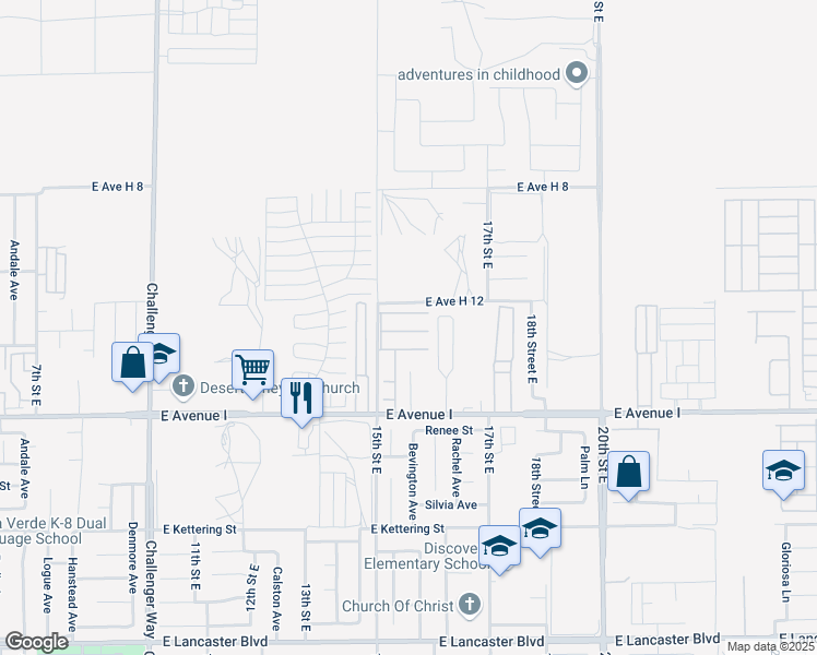 map of restaurants, bars, coffee shops, grocery stores, and more near 1501 East Avenue I in Lancaster