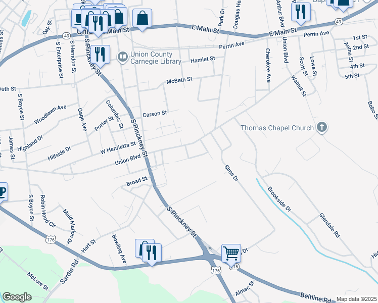 map of restaurants, bars, coffee shops, grocery stores, and more near 105 Meador Street in Union