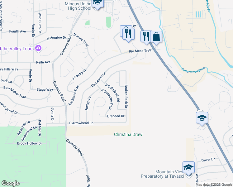map of restaurants, bars, coffee shops, grocery stores, and more near 2280 Broken Rock Circle in Cottonwood