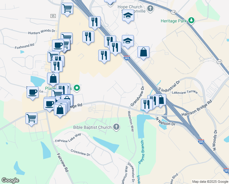map of restaurants, bars, coffee shops, grocery stores, and more near 302 Harrison Bridge Road in Simpsonville