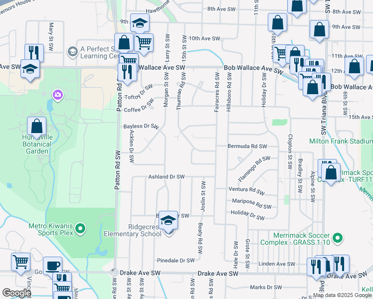 map of restaurants, bars, coffee shops, grocery stores, and more near 3012 Thurman Road Southwest in Huntsville