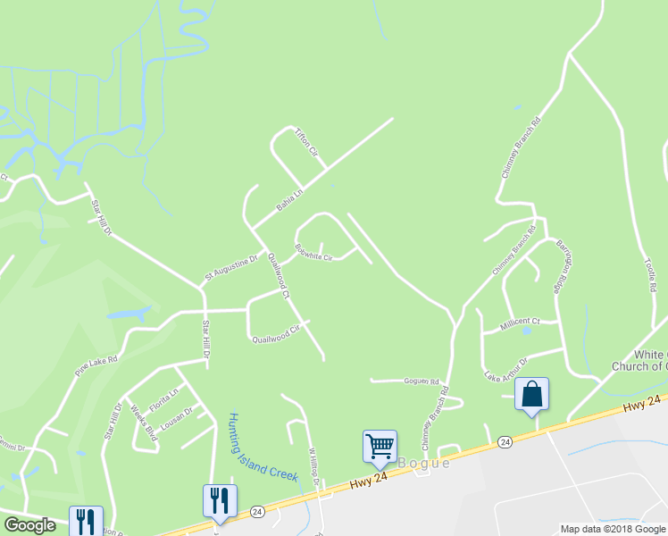 map of restaurants, bars, coffee shops, grocery stores, and more near 151 Bobwhite Circle in Swansboro