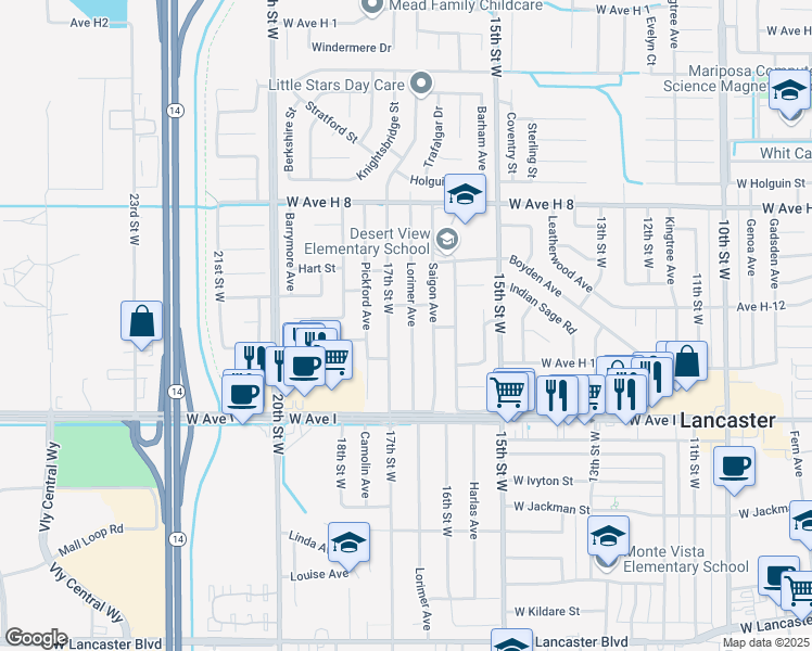 map of restaurants, bars, coffee shops, grocery stores, and more near 45339 Lorimer Ave in Lancaster