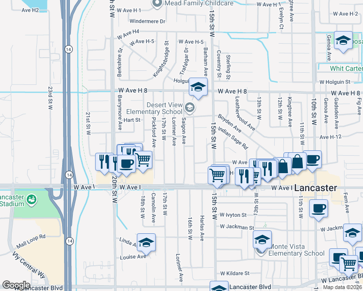 map of restaurants, bars, coffee shops, grocery stores, and more near 45339 Saigon Avenue in Lancaster
