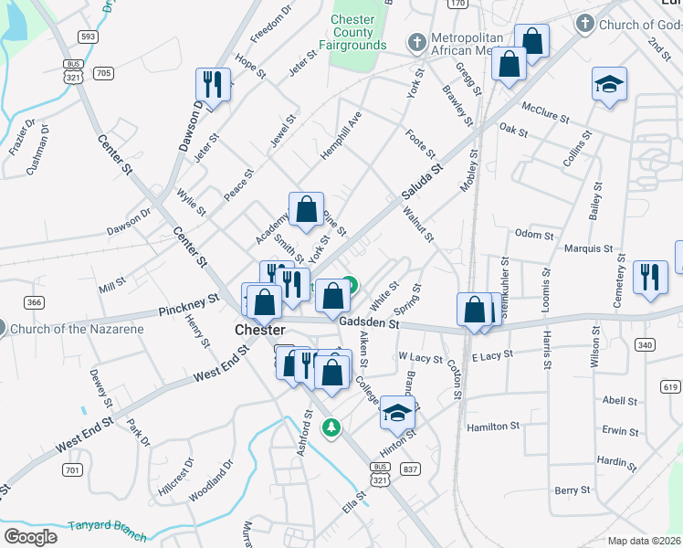 map of restaurants, bars, coffee shops, grocery stores, and more near 107 Culp Street in Chester