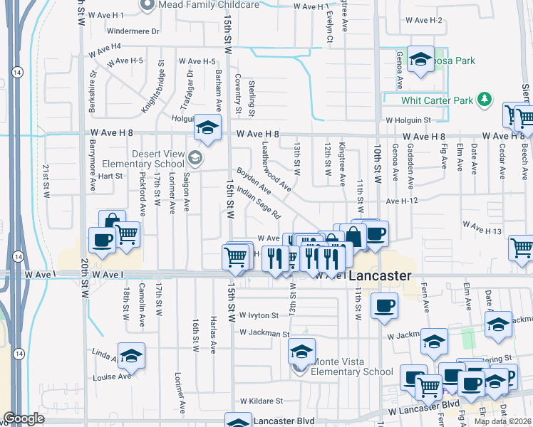map of restaurants, bars, coffee shops, grocery stores, and more near 1380 Indian Sage Road in Lancaster
