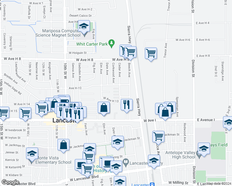 map of restaurants, bars, coffee shops, grocery stores, and more near 45341 Cedar Avenue in Lancaster