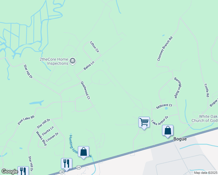map of restaurants, bars, coffee shops, grocery stores, and more near 145 Bobwhite Circle in Cape Carteret