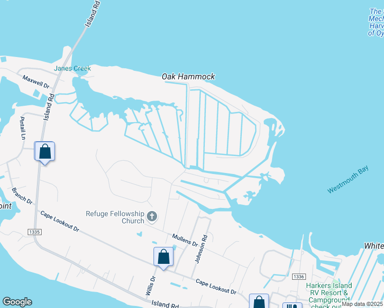 map of restaurants, bars, coffee shops, grocery stores, and more near 262 Oak Hammock Drive in Harkers Island