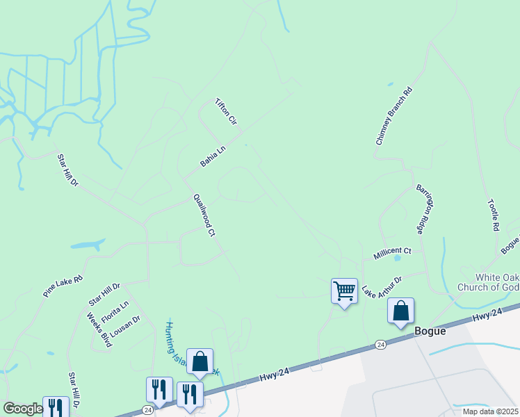 map of restaurants, bars, coffee shops, grocery stores, and more near 145 Bobwhite Circle in Cape Carteret